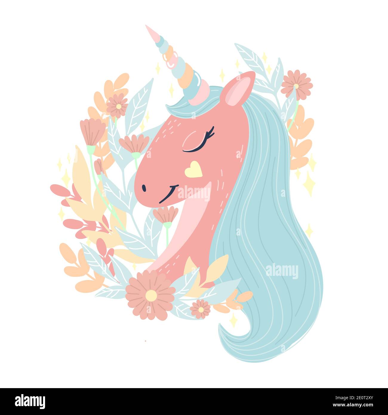 Carino ritratto rosa unicorno con bella mane blu. Illustrazione vettoriale. Testa di simpatico unicorno sonnolento con occhi chiusi in fiori e foglie disegnati a mano Illustrazione Vettoriale