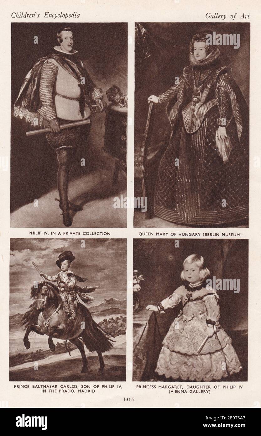 Le immagini di Velasquez - Filippo IV / Regina Maria d'Ungheria / Principe Balthasar Carlos / Principessa Margherita. Foto Stock