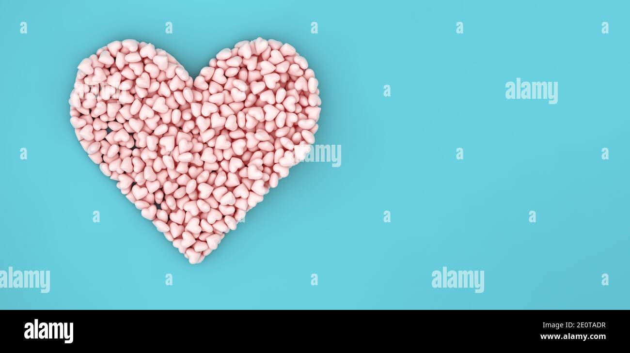 Grande cuore di piccoli cuori rosa su sfondo blu, banner per San Valentino. rendering 3d Foto Stock