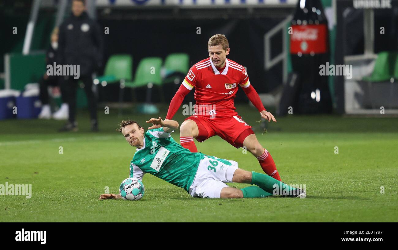 Brema, Germania. 2 gennaio 2021. Firo: 02.01.2021 Fuvuball, stagione 2020/21 1. Bundesliga: SV Werder Bremen - Union Berlin duelli, Christian Grovu, Versus, Julian Ryerson | Usage worldwide Credit: dpa/Alamy Live News Foto Stock