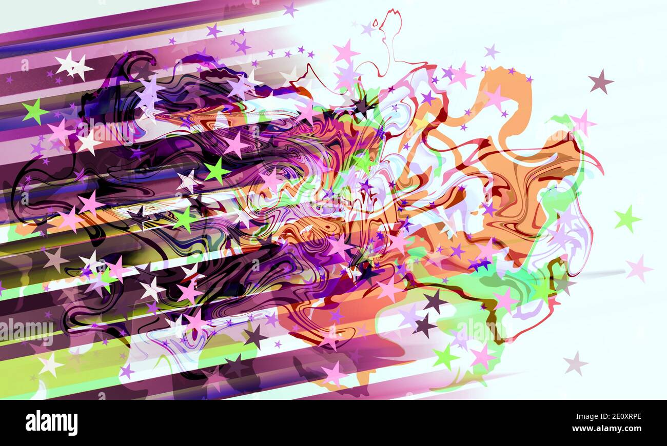 Astratto multicolore curve luminose, linee diagonali e stelle festive sfondo isolato su un lato Foto Stock