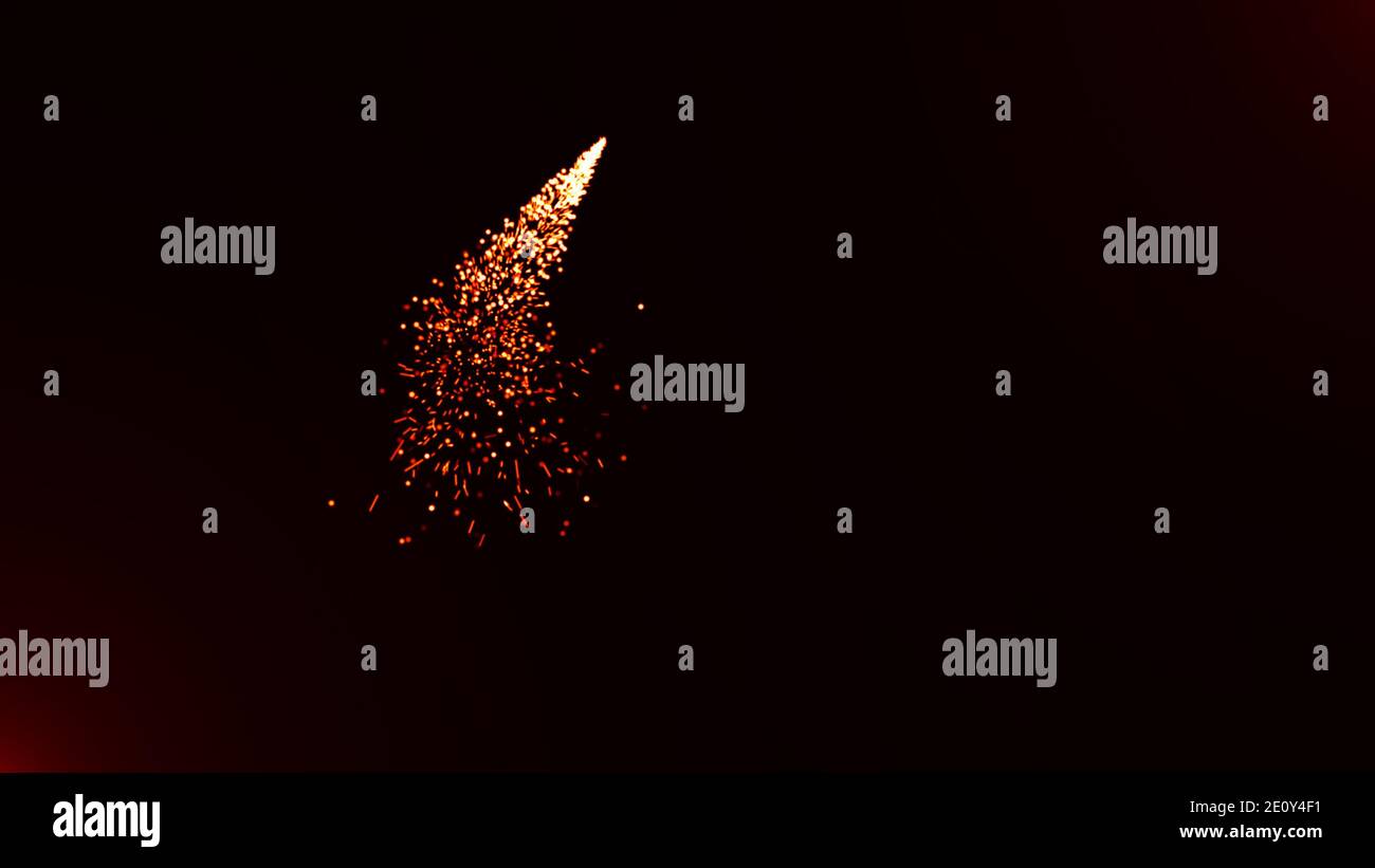 Particelle di fuoco astratte o esplosioni di fuoco con movimento dinamico e luce incandescente isolata su sfondo nero, sfondo fuochi d'artificio, particelle di fuoco. Foto Stock