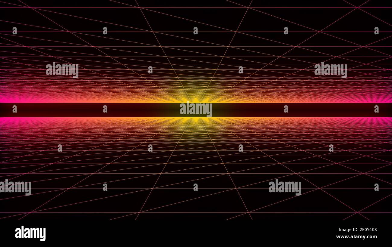 3D astratto digitale e futuristico wireframe movimento a griglia con luci illuminanti, paesaggio digitale, sfondo astratto per il business, cyber & techno Foto Stock