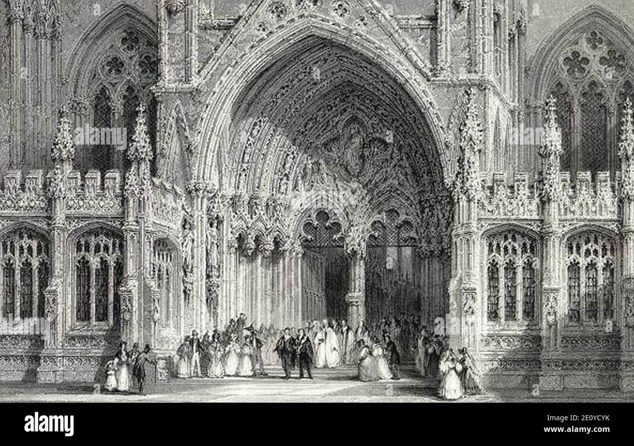 Lincoln Cathedral Entrance E.Challis dopo una foto di T.Allom publ 1837 edito. Foto Stock