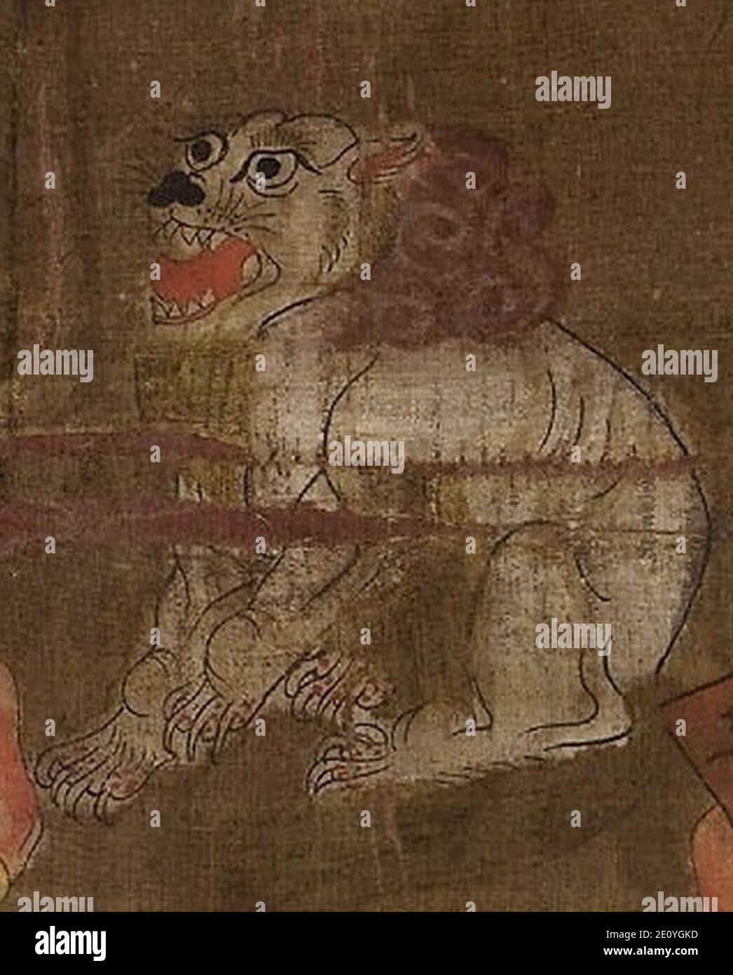 Lions nell'arte della Cina dettaglio, da- Kshitigarbha con i dieci Re dell'Inferno. Da Dunhuang. Fine 9 ° - inizio 10 ° secolo DC, (tagliato). Foto Stock