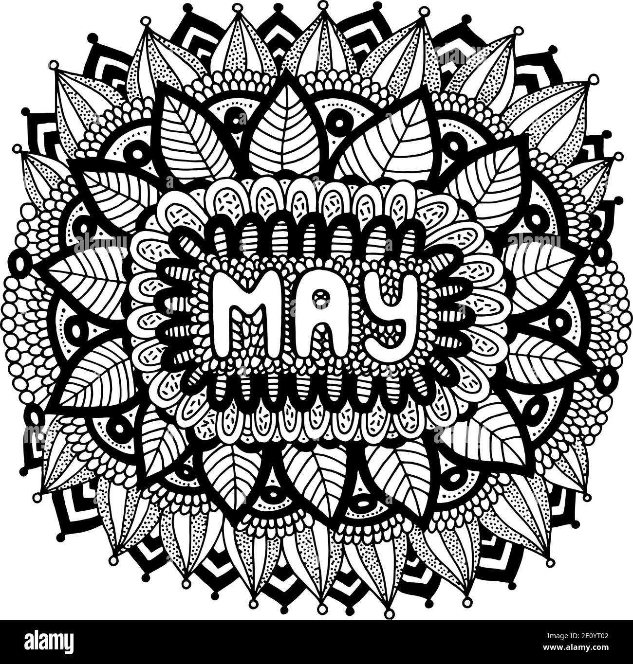 Maggio - pagina da colorare per adulti. Mandala con mesi dell'anno. Libro da colorare del calendario. Foglio da colorare stile Zentangle art therapy. Vettore illustrati Illustrazione Vettoriale