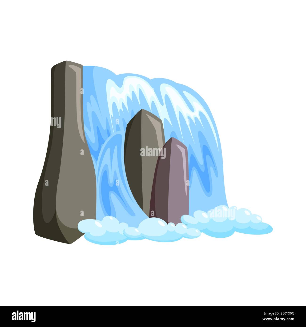 Cascata cascata in spruzzi giù con schiuma. Fantasy cascata di acqua blu isolato su sfondo bianco. Illustrazione vettoriale in stile cartoon Illustrazione Vettoriale