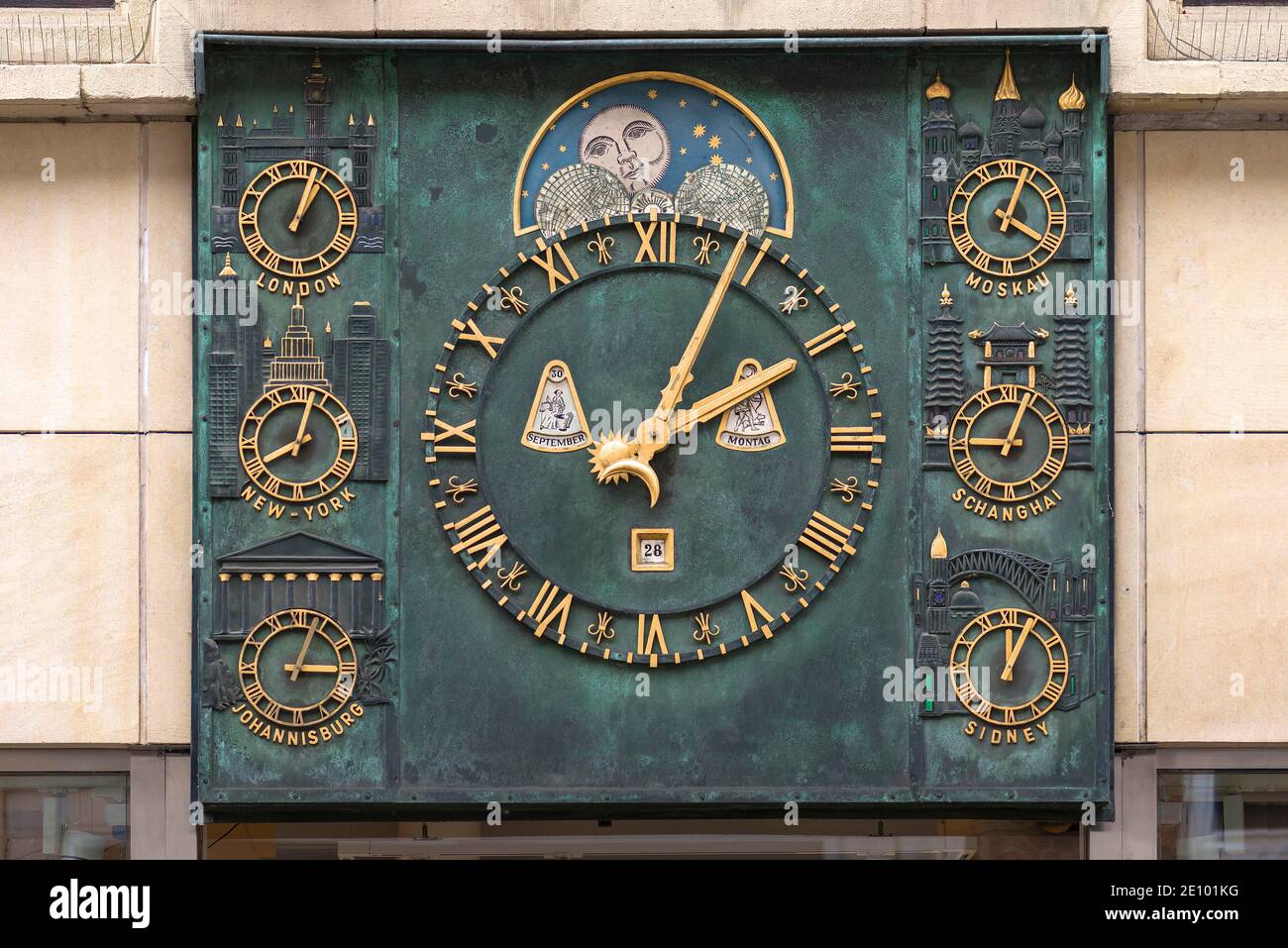 Orologio mondiale a Münster, creato dal maestro orologio Wilhelm Nonhoff, Münster, Nord Reno-Westfalia, Germania, Europa Foto Stock