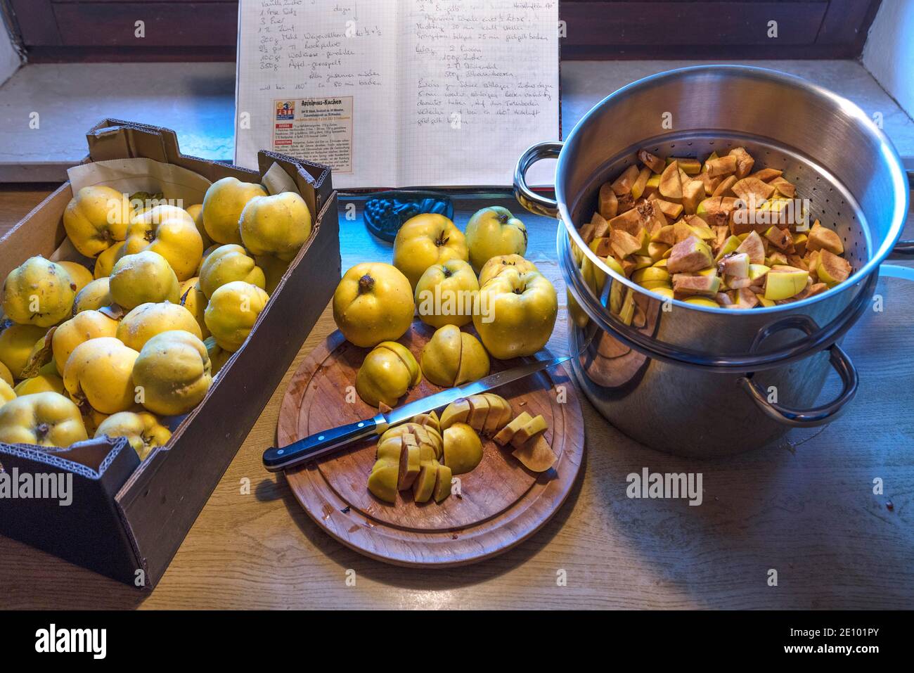 Preparazione di gelatina di mele cotogne, mele cotogne e pentola da cucina, Baviera, Germania, Europa Foto Stock