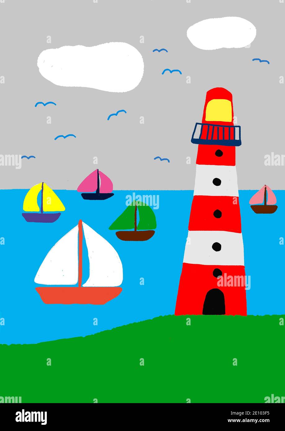 Illustrazione ingenua, disegno per bambini, faro con barche a vela colorate  in mare Foto stock - Alamy