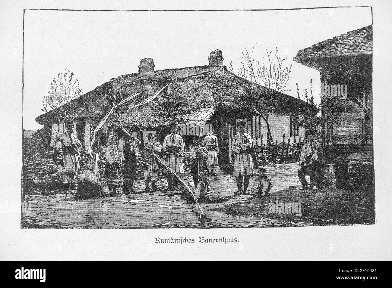 'Rumänisches Bauernhaus', rumeno, fattoria con abitanti in piedi di fronte, Bucarest, Romania, 'Die Hauptstädte der Welt', Breslau circa 1897 Foto Stock