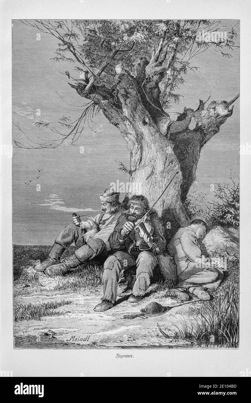 "Zigeuner", tre tinker seduti sotto un albero con uno che suona il violino, uno che fuma il pipe e un altro che dorme, Bucarest, Romania, Foto Stock