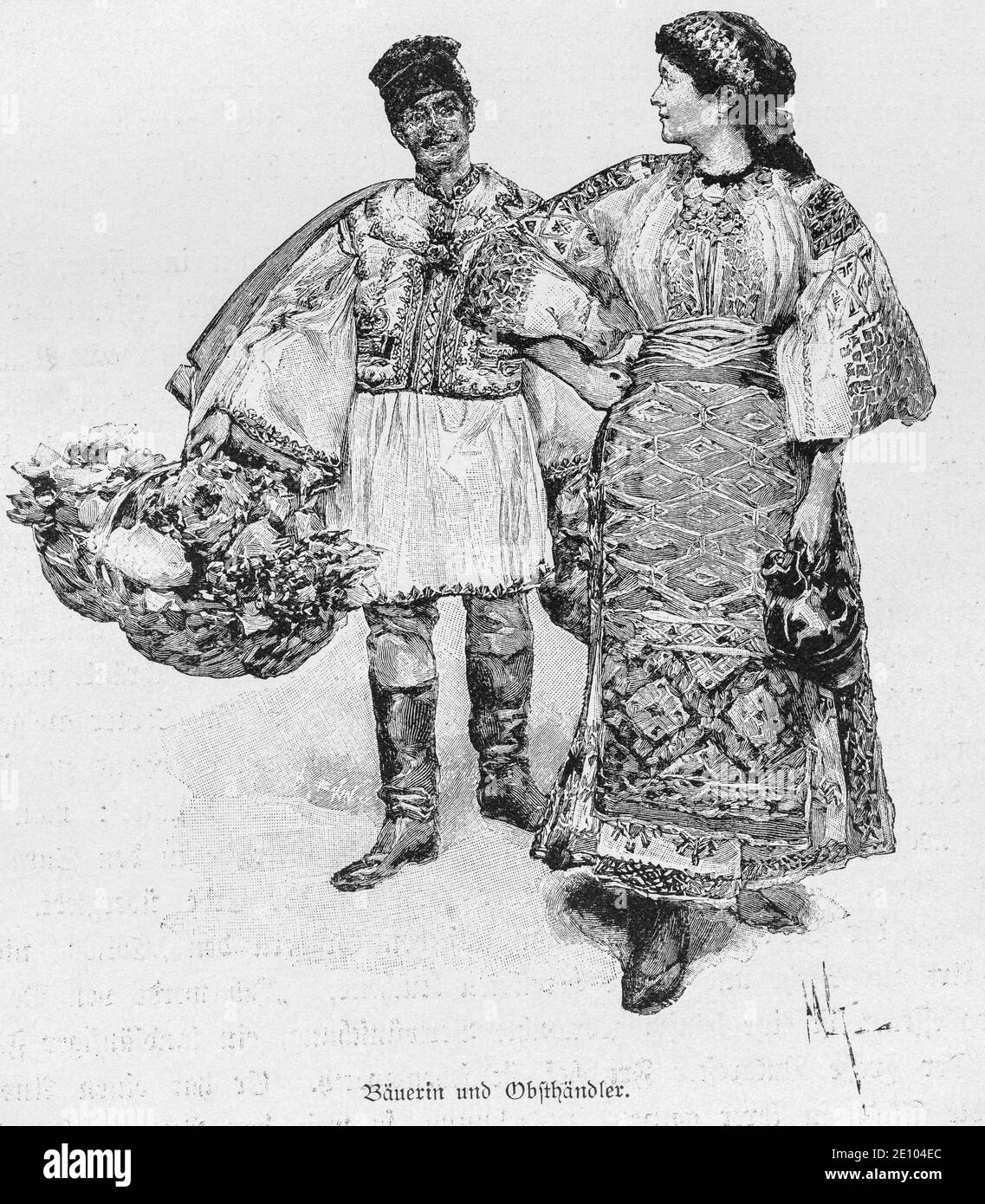 «Bäuerin und Obsthändler», agricoltore´s e moglie che tiene una brocca e un fruttiere che tiene un paniere pieno di frutta e verdura, Bucarest, Romania Foto Stock