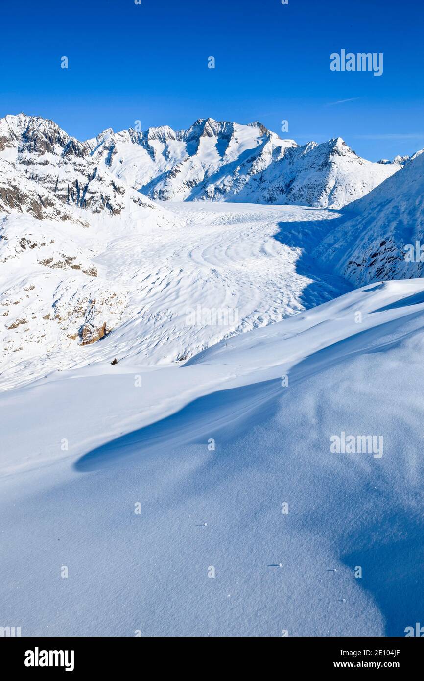 Ghiacciaio di Wannenhörner e Aletsch in inverno, Vallese, Svizzera, Europa Foto Stock