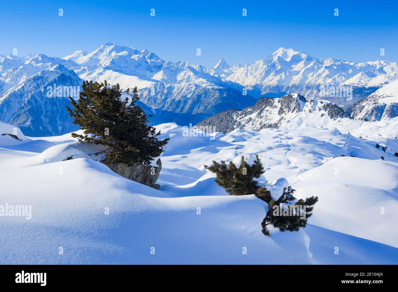 Alpi svizzere, Alphubel, 4206 (m), Dom, 4545 m, Mischabel, Cervino, 4477 m, Weisshorn, 4505 m, Patrimonio dell'Umanità dell'UNESCO, Vallese, Svizzera, Europa Foto Stock