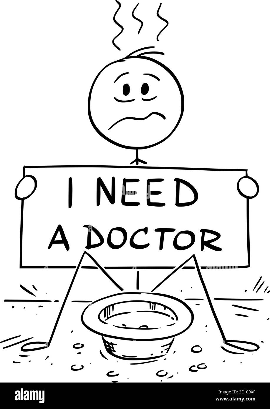 Figura del cartoon vettoriale di figura del mendicante malato o malato che mendica per soldi per pagare un medico per la terapia o il trattamento medico. Illustrazione Vettoriale