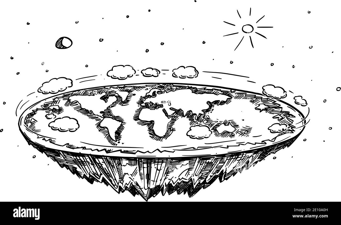 Illustrazione di Cartoon vettoriale o disegno in bianco e nero di Terra piatta nello spazio, concetto o complotto di Terra piatta o teoria, scienza ed educazione. Illustrazione Vettoriale