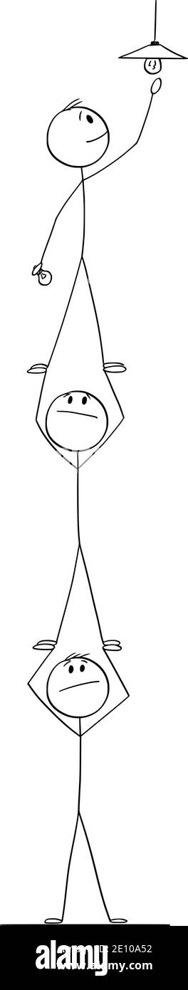 Grafico cartoon vettoriale figura del gruppo di uomini d'affari o uomini che collaborano come squadra per risolvere il problema come cambiare, sostituire o riparare la lampadina rotta nella lampada. Illustrazione Vettoriale