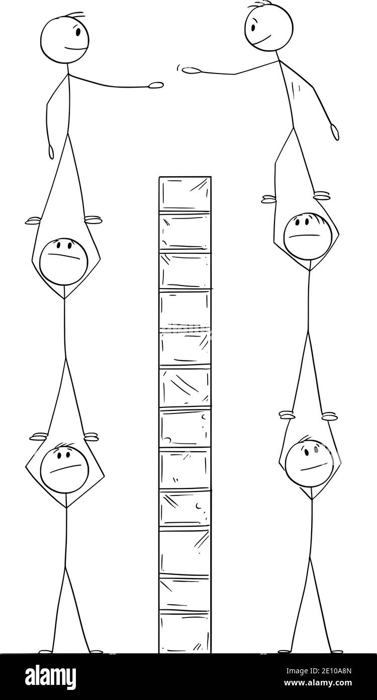 Grafico vettoriale cartoon figura di due gruppi di uomini d'affari o uomini che cooperano come team aziendale per superare l'ostacolo nella comunicazione. Illustrazione Vettoriale