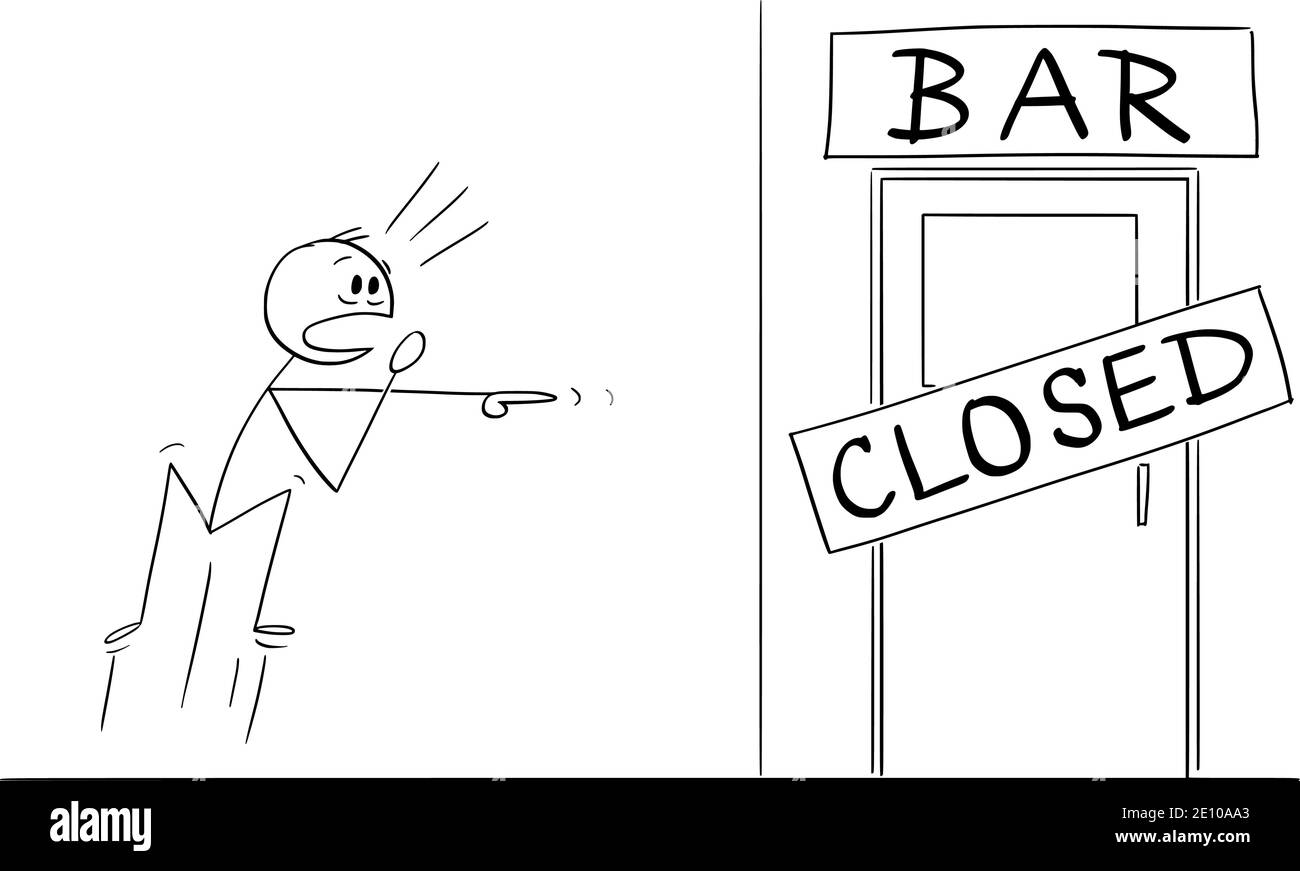 Vettore cartoon figura stick illustrazione di uomo scioccato che ha appena trovato che il suo pub o bar è chiuso. Concetto di dipendenza da alcol. Illustrazione Vettoriale