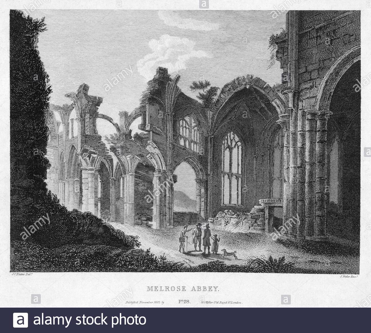 Melrose Abbey, Scozia, incisione d'annata dal 1804 Foto Stock