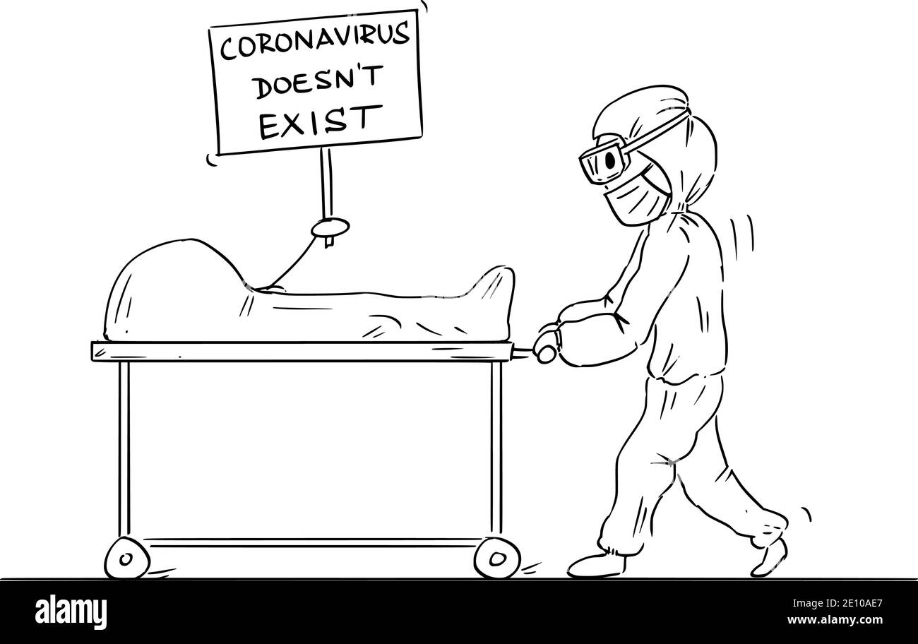 Figura del cartoon vettoriale illustrazione del personale paramedico, medico o medico in tuta protettiva che trasporta il corpo morto del paziente che tiene il coronavirus non esiste segno. Concetto di epidemia di covid-19 o pandemia. Illustrazione Vettoriale
