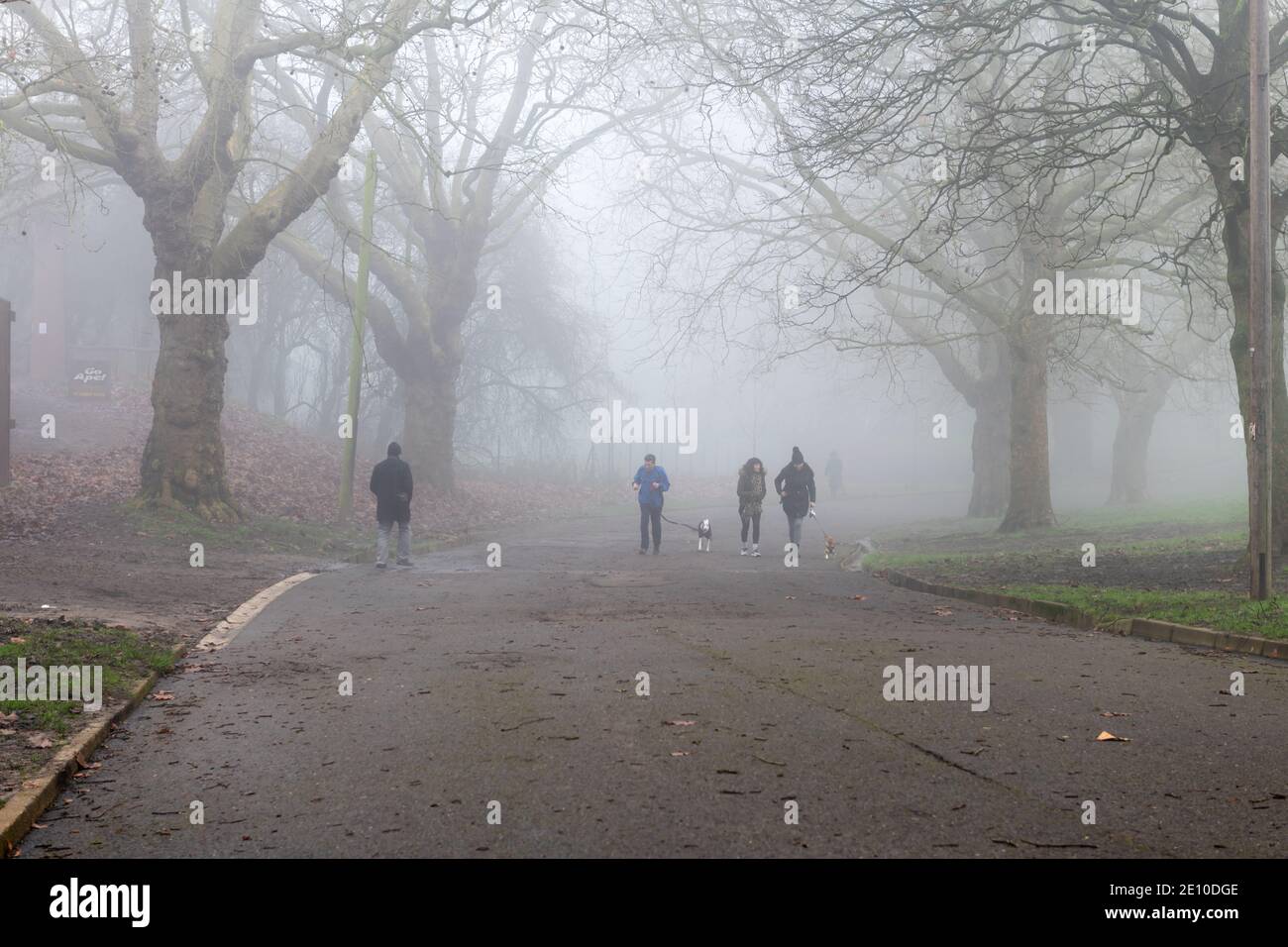 Un parco coperto di nebbia fitta con persone fuori a piedi. Foto Stock