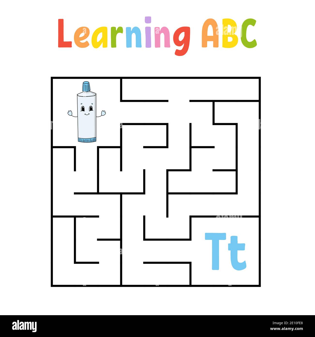 Labirinto quadrato. Gioco per bambini. Labirinto quadrate. Foglio di lavoro Education. Pagina attività. Apprendimento dell'alfabeto. Carino stile cartoon. Trova il modo giusto. Logico Illustrazione Vettoriale