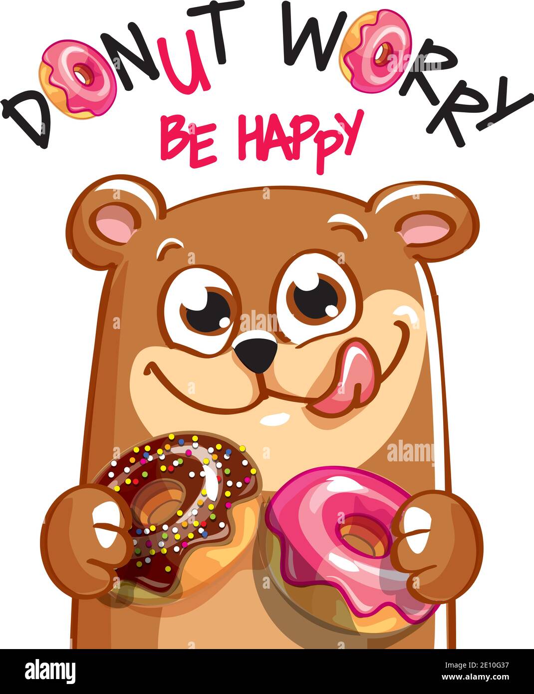Illustrazione vettoriale di carino cartone animato felice orso divertimento con ciambelle. Biglietto d'auguri, cartolina. Non preoccuparti, essere felice. Illustrazione Vettoriale
