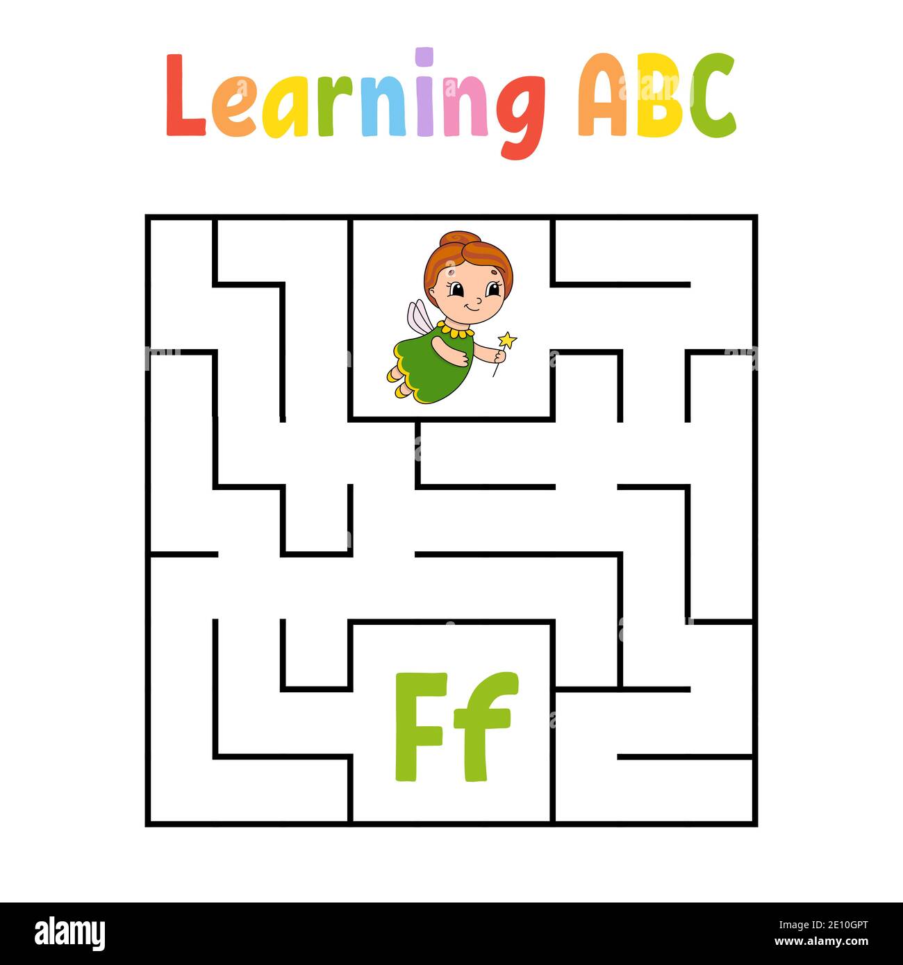 Labirinto quadrato. Gioco per bambini. Labirinto quadrate. Foglio di lavoro Education. Pagina attività. Apprendimento dell'alfabeto. Carino stile cartoon. Trova il modo giusto. Logico Illustrazione Vettoriale
