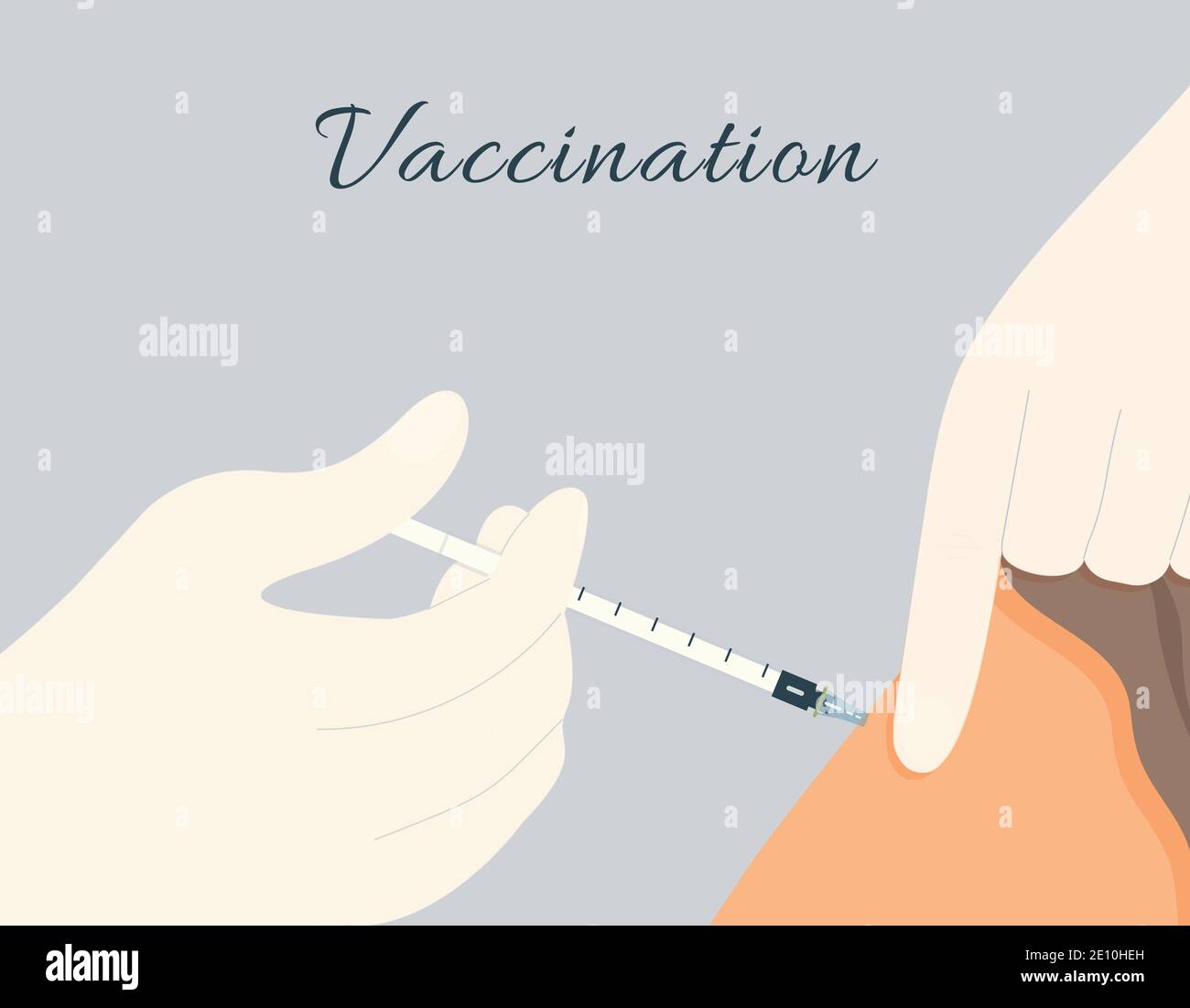 Immunizzazione con vaccino Covid-19 all'ospedale.medico o infermiere dare un dose di iniezione del vaccino virale con siringa sottile nel paziente primo piano del braccio Illustrazione Vettoriale