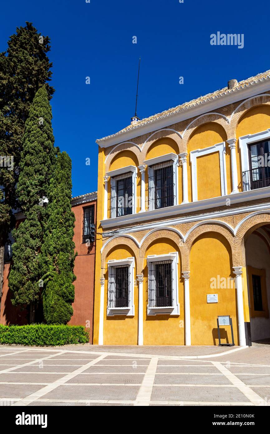Facciata gialla dell'edificio nel patio de la Montería, Alcázar reale di Siviglia, Andalusia, Spagna Foto Stock