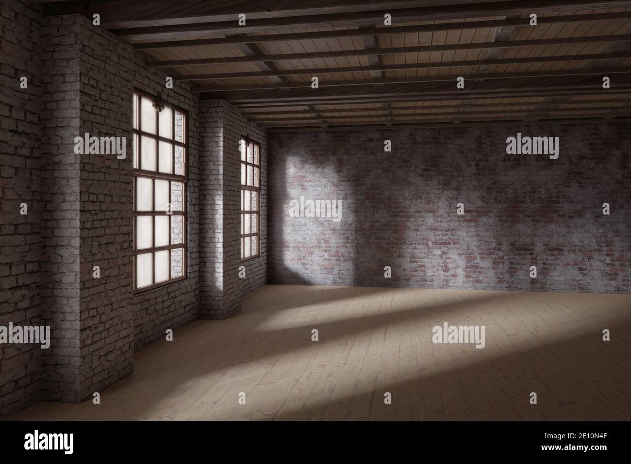 rendering 3d di un loft vuoto con mattoni bianchi muri Foto Stock