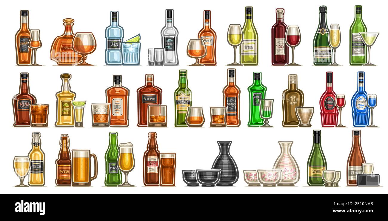 Vector Alcohol Set, varietà ritagliate illustrazioni di bevande alcoliche dure in bottiglie e bicchieri, vino rosso e bianco premium in eneglass, birra fredda e. Illustrazione Vettoriale
