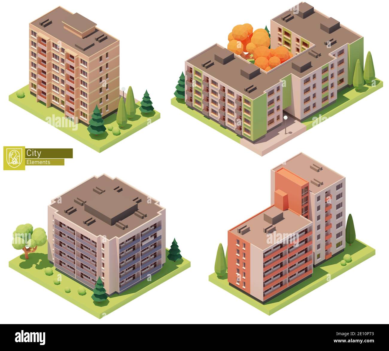 Edifici isometrici vettoriali ed elementi stradali Illustrazione Vettoriale