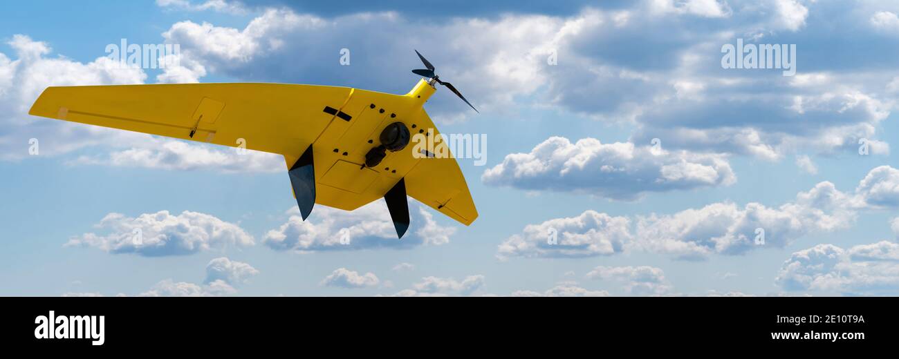 Il drone di mappatura giallo con una telecamera vola in blu cielo Foto Stock