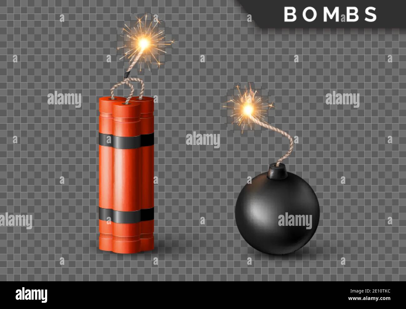 Bomba dinamite con Burning Wick e bomba a sfera nera. Detonazione militare arma rossa. Illustrazione vettoriale Illustrazione Vettoriale