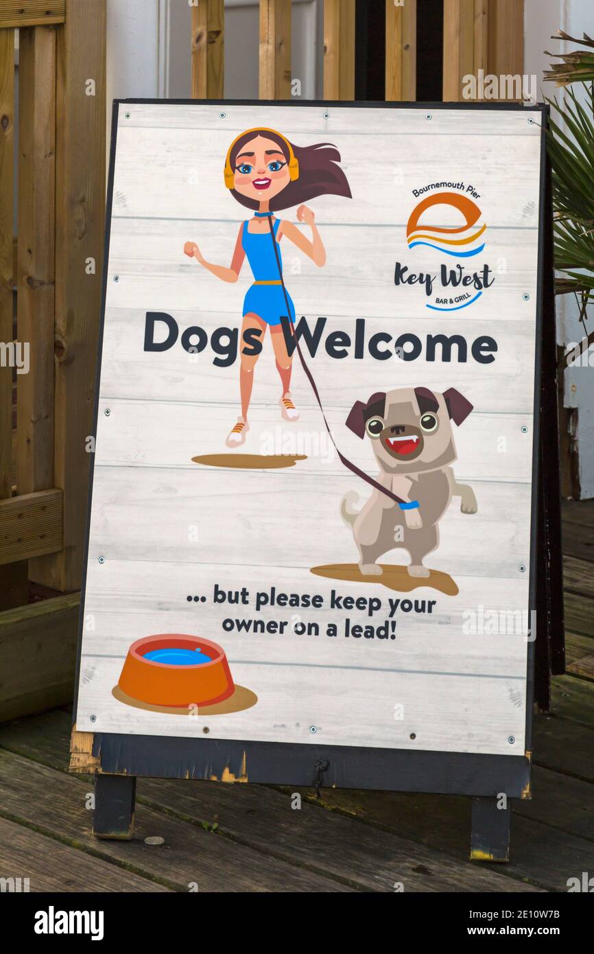 I cani sono i benvenuti, ma si prega di tenere i proprietari su un segnale di piombo umoristico fuori Key West su Bournemouth Pier, Bournemouth, Dorset UK a dicembre Foto Stock