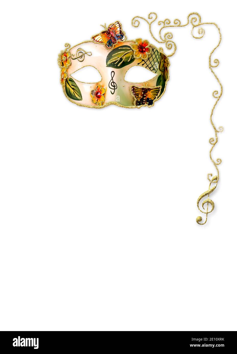 Festa di Carnevale, sfondo verticale per design.maschera di carnevale  musicale con treble, farfalle e fiori dorati su sfondo di carta bianca con  c Foto stock - Alamy
