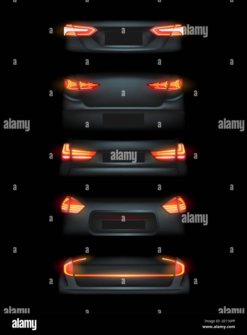 Auto auto auto realistica LED laser matrice intellettuale incandescente Xenon fari anteriori posteriori luci posteriori barre vettoriali illustrazione realistica Illustrazione Vettoriale