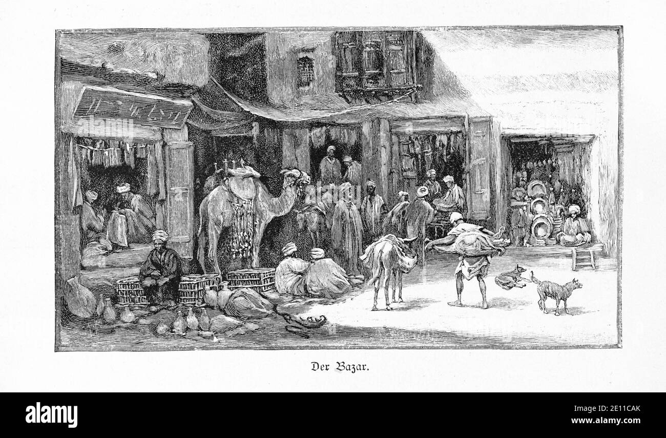 'Der Bazar', un bazar del Cairo con bancarelle, clienti e mercanti, il Cairo, Egitto, illustrazione di 'Die Hauptstädte der Welt'. Breslau circa 1987 Foto Stock