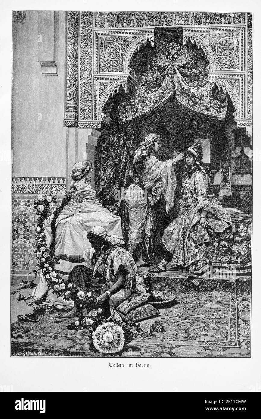 Toilette im Harem o preparazioni a Harem, Costantinopoli, Turchia, illustrazioni da 'Die Hauptstädte der Welt', Brelasu circa 1897 Foto Stock