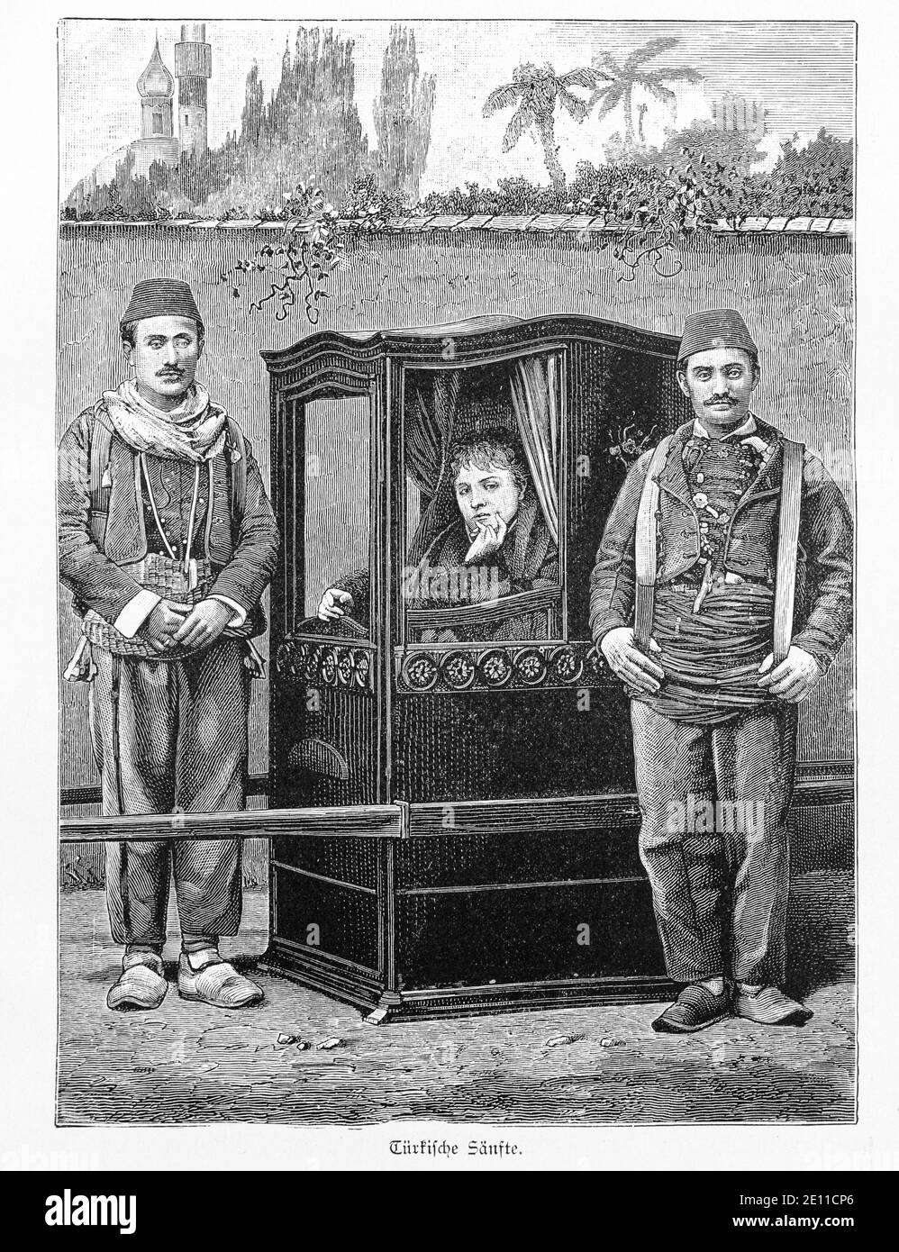 'Türkische Sänfte', donna che guarda da una cucciolata turca con il suo portatore, Costantinopoli, Turchia, illustrazione da 'Die Hauptstädte der Welt', 1897 Foto Stock