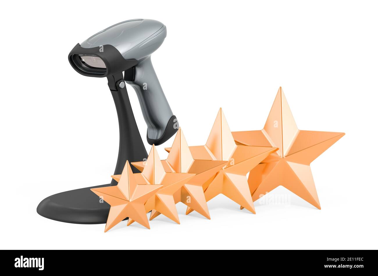 Valutazione del cliente del lettore di codici a barre e dello scanner. Rendering 3D isolato su sfondo bianco Foto Stock