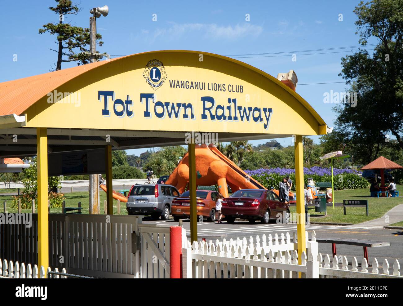 Tot Town Railway segno a Kowhai Park a Wanganui, Nuova Zelanda Foto Stock