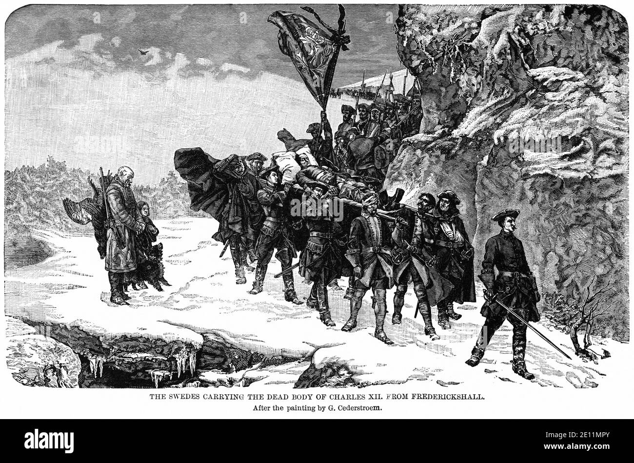 Gli svedesi che portano il corpo Morto di Carlo XII da Frederickchall, dopo un dipinto di G. Cederstroem, Illustrazione, Storia del mondo di Ridpath, Volume III, di John Clark Ridpath, LL. D., Merrill & Baker Publishers, New York, 1897 Foto Stock