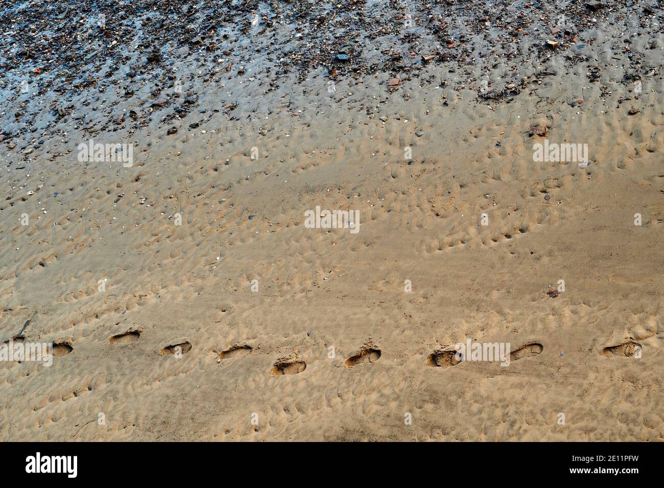 Una singola traccia di impronte di passi che attraversano orizzontalmente la sabbia scolorita con ciottoli in cima all'immagine Foto Stock