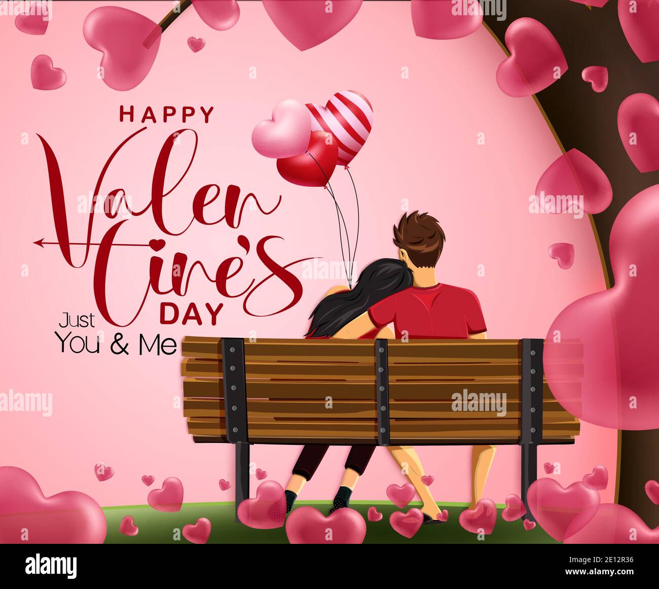 Disegno di sfondo del vettore di data di San Valentino. Felice giorno di San Valentino testo con uomo e donna coppia caratteri datare e seduta per gli amanti romantici. Illustrazione Vettoriale