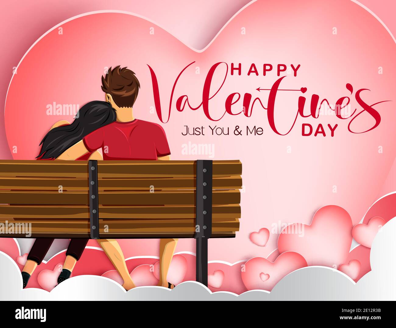 Disegno di sfondo del vettore di data di San Valentino. Felice giorno di San Valentino testo con uomo e donna amante personaggi datare e seduta per gli amanti romantici. Illustrazione Vettoriale