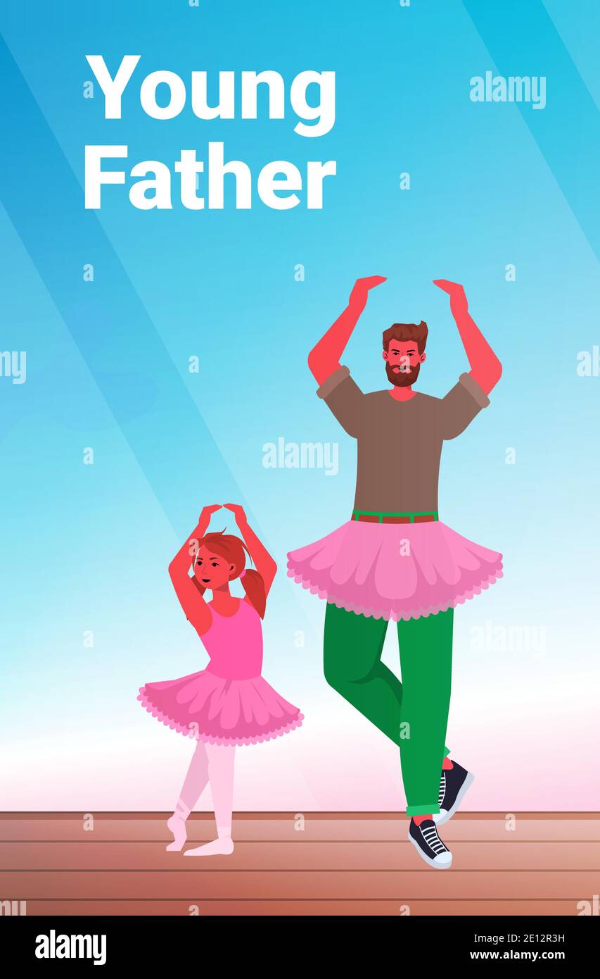 padre e figlia in gonne rosa che ballano come balletto ballerinas lezione geniting paternità concetto papà trascorrere il tempo con il suo bambino illustrazione vettoriale verticale a lunghezza intera Illustrazione Vettoriale